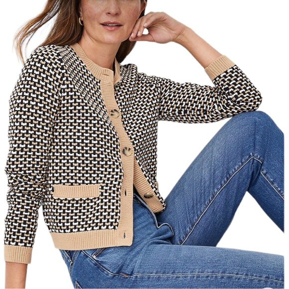 Ann Taylor Sweaters - Ann Taylor Woven Cardigan Tan Black White Button Down Jacket Women’s Large